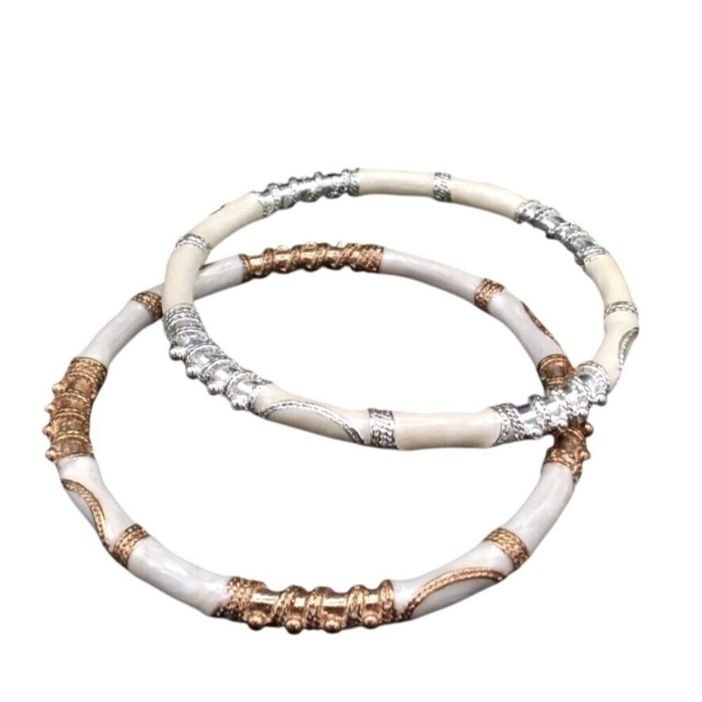 White Enamel Bangles Bracelets With Intricate Gold-Tone & Silver-Tone Filigree